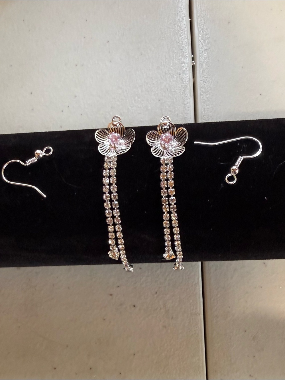 Silver Floral Drop Earrings with Pink Crystal Center - Women Jewelry
